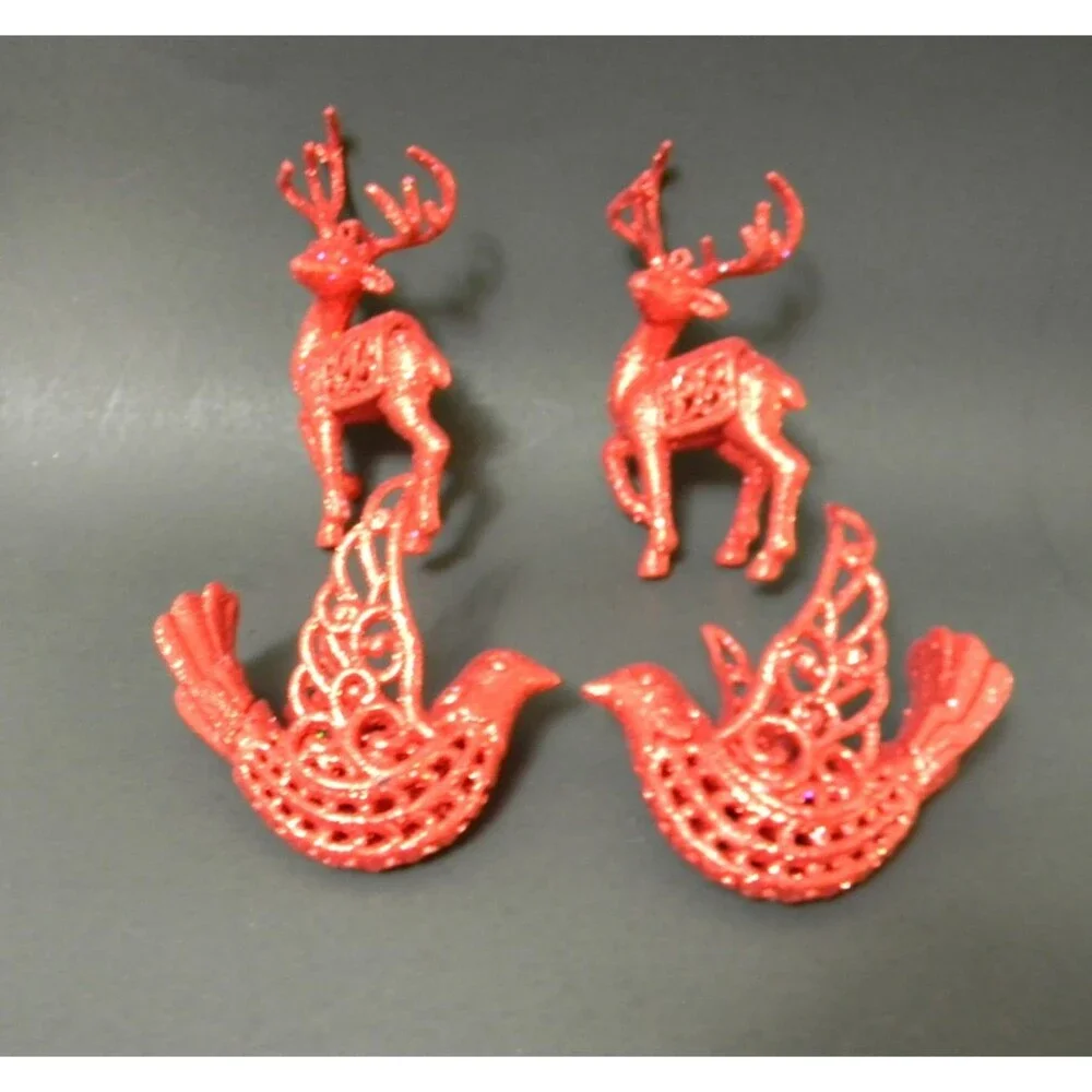 Lot of Shatterproof Christmas Ornaments Round Velvet Glitter Birds Deer